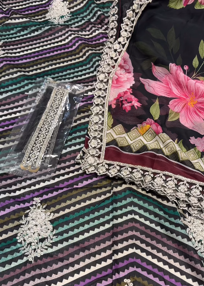 Maria-B Lawn 3pc Shirt printed Neckline patches &sleeves  Embroidered duppatta printed chiffon