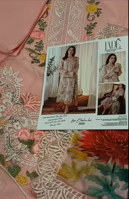 JADE Embroidered Chicken Kari Lawn 3PC Silk Dupatta Four side Lace