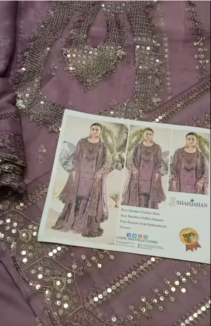 ShahJahan Pure 3PC Article shirt + Dupatta  Pure Bamber Trouser Raw Silk Embroidered