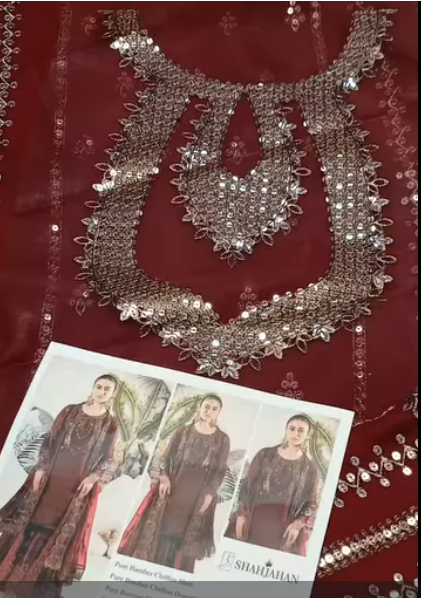 ShahJahan Pure 3PC Article Shirt + Dupatta Pure Bamber Trouser Raw Silk Embroidered