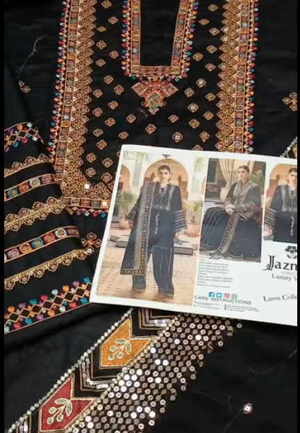 Jazmin Luxury Lawn 3PC article Shirt+Sleeves+Neck Patch Embroidered Dupatta pure Trouser LawnEmbroidered