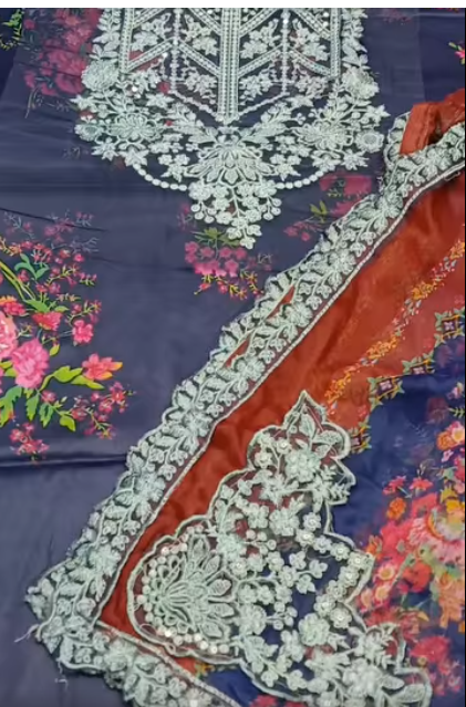 Baroque LAwn 3PC Article printed shirt,sleeves&Back Pure Emb Dupatta printed Trouser Emb Neck,Daman&Sleeves Patch