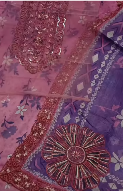 Bin Saeed Lawn chicken kari 3PC Article EMD patch digital printed dupatta